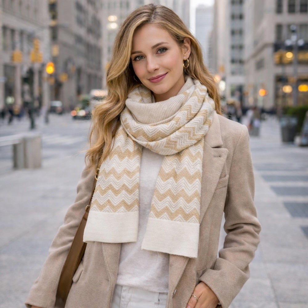 Womens Chevron Zig Zag Knit Scarf Cream Gold Warm Winter Fashion Accessory